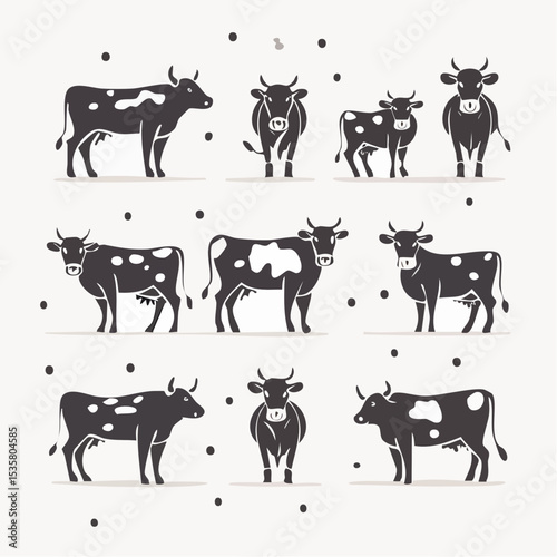 Vector illustration of various cows in different positions with a simple minimalist design