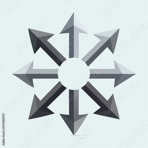 Abstract illustration of eight arrows pointing outwards from a central circle design