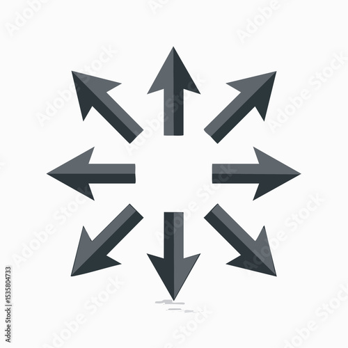 Abstract illustration of eight arrows pointing outwards in different directions on white
