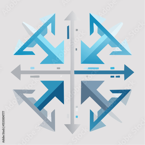 Abstract geometric illustration of arrows pointing in multiple directions on a gray background