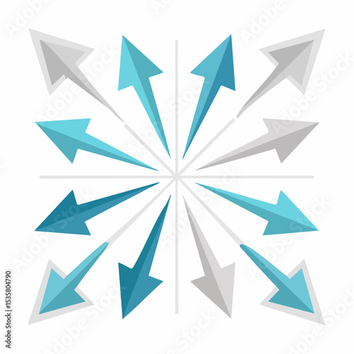 Abstract design featuring arrows pointing outwards in different directions on white
