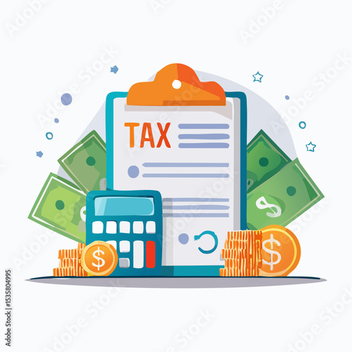 Colorful illustration showing tax form, money, calculator, and coins representing taxation