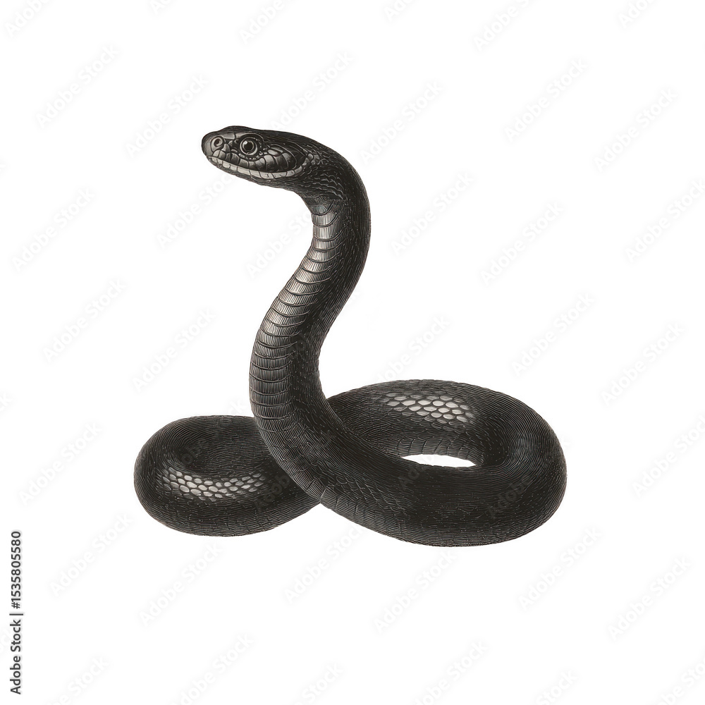Obraz premium Coiled black snake with raised head and smooth scales, appearing alert and poised. snake sleek body and shiny texture are highlighted against plain background