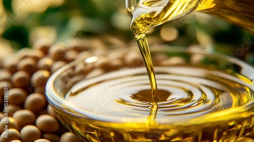 Pouring soybean oil into a glass bowl with soybeans and greenery in background