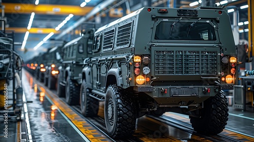 A line of rugged military vehicles is assembled inside a modern industrial plant.