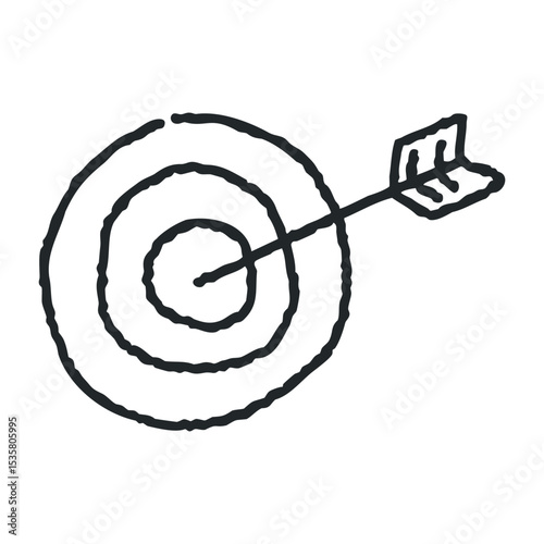 Hand-drawn arrow and target hit with perfect precision – stock vector icon in line drawing style
