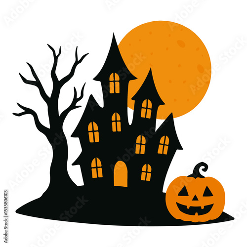 Spooky Halloween Silhouette with Haunted House, Pumpkin and Full Moon. 