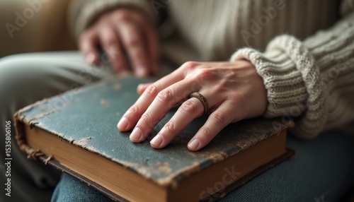 Gentle hands resting on a vintage book