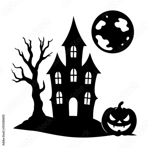 Spooky Halloween Silhouette with Haunted House, Pumpkin and Full Moon. 