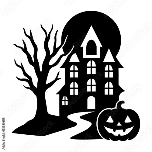 Spooky Halloween Silhouette with Haunted House, Pumpkin and Full Moon. 