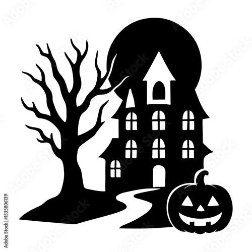 Spooky Halloween Silhouette with Haunted House, Pumpkin and Full Moon. 