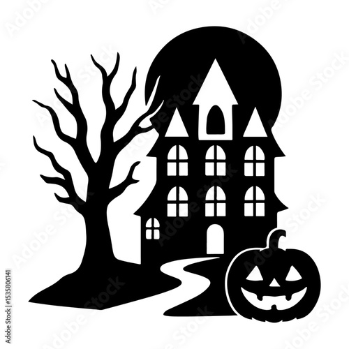 Spooky Halloween Silhouette with Haunted House, Pumpkin and Full Moon. 
