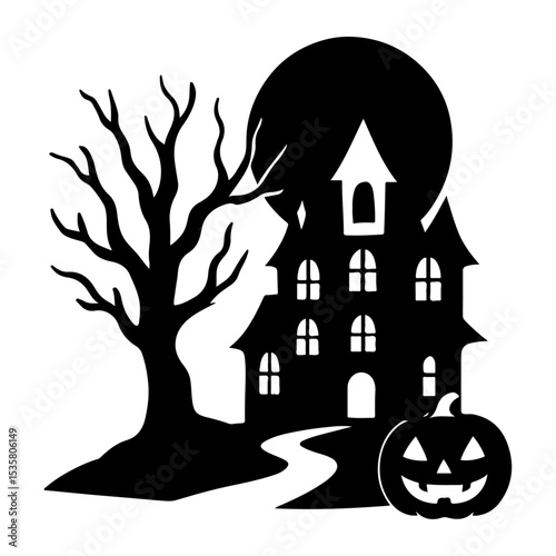 Spooky Halloween Silhouette with Haunted House, Pumpkin and Full Moon. 