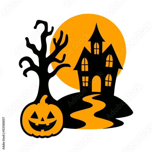 Spooky Halloween Silhouette with Haunted House, Pumpkin and Full Moon. 
