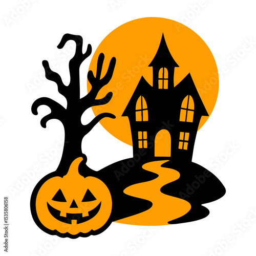 Spooky Halloween Silhouette with Haunted House, Pumpkin and Full Moon. 