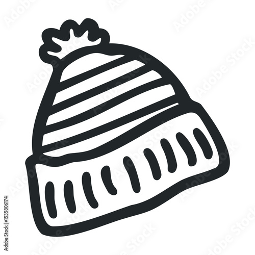 Striped winter beanie with pom pom design in black and white – stock vector icon in line drawing style
