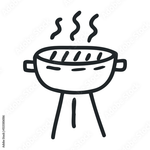 Hand-drawn illustration of a barbecue grill with smoking hot coals – stock vector icon in line drawing style