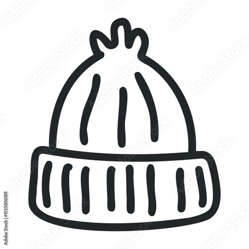 Warm woolen winter hat with pom pom drawing – stock vector icon in line drawing style