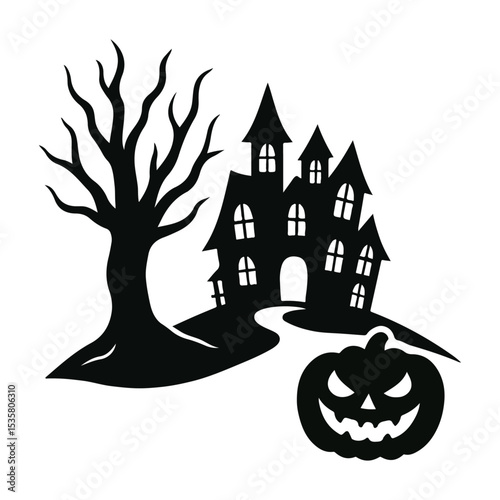 Spooky Halloween Silhouette with Haunted House, Pumpkin and Full Moon. 