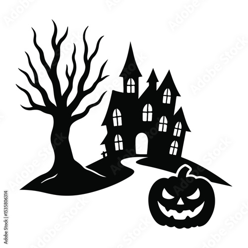 Spooky Halloween Silhouette with Haunted House, Pumpkin and Full Moon. 