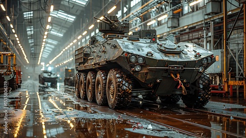 An armored military vehicle stands on the floor of a large, industrial factory hall.
