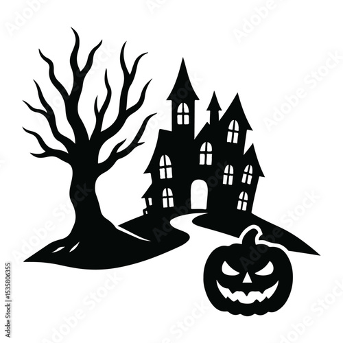 Spooky Halloween Silhouette with Haunted House, Pumpkin and Full Moon. 