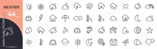 Weather related icon collections. Containing sun, rain, cloud, storm, temperature, wind, forecast, humidity, climate, and lightning icons.  Outline icons.