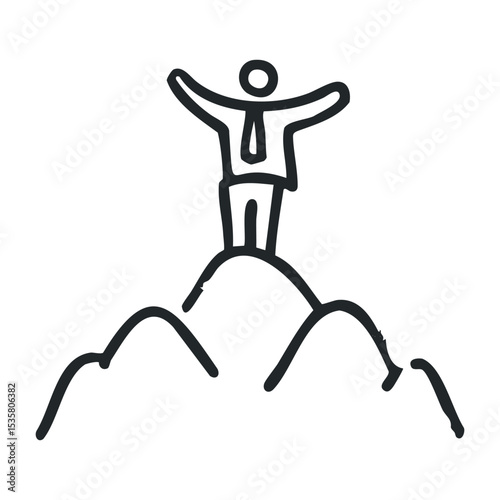 Simplified illustration of a figure celebrating on a mountain top – stock vector icon in line drawing style