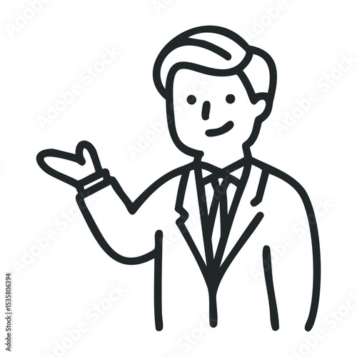 Simple illustration of caucasian male adult in suit making a gesture – stock vector icon in line drawing style