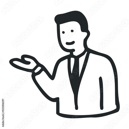Cartoon drawing of a caucasian male adult in a suit with hand gesture – stock vector icon in line drawing style