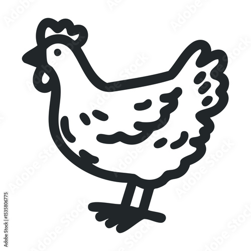 Cartoon chicken illustration with simple black outline on white – stock vector icon in line drawing style