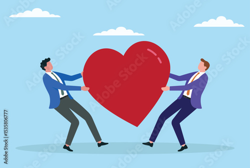 Vector illustration of two businessmen fighting for a love icon, symbolizing the intense rivalry to win customer loyalty, emotional engagement, and positive brand relationships
