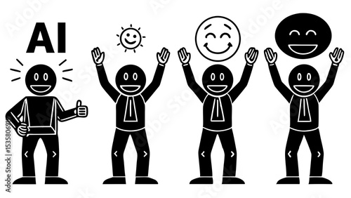 A depiction of ai and its impact with stick figures illustrating various positive emotions and acceptance.