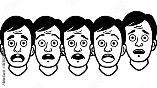 A row of five surprised cartoon faces illustrating shock and disbelief on a white background with simple black and white lines.