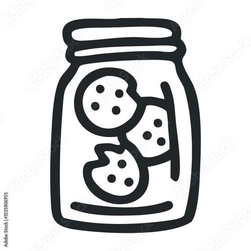 Hand-drawn jar of cookies with lid and chocolate chips inside – stock vector icon in line drawing style
