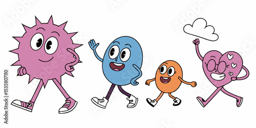 Cute cartoon characters with unique shapes walking together creating cheerful and engaging illustrations suitable for various creative design projects