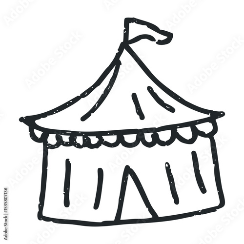 Simple hand-drawn circus tent sketch with flag on top – stock vector icon in line drawing style