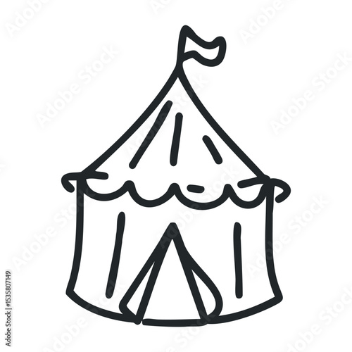 Whimsical circus tent drawing with flag on top – stock vector icon in line drawing style