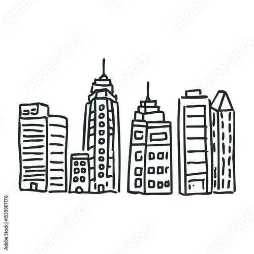 Hand-drawn skyline with skyscrapers in urban landscape illustration – stock vector icon in line drawing style