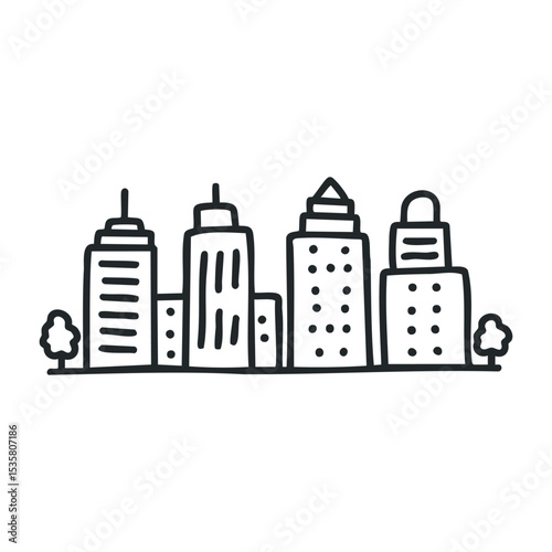 Black and white minimalist cityscape with tall buildings and trees – stock vector icon in line drawing style