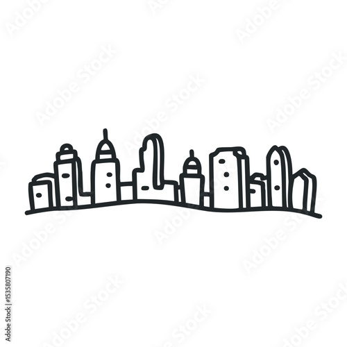 Monochrome urban skyline illustration with diverse tall buildings – stock vector icon in line drawing style