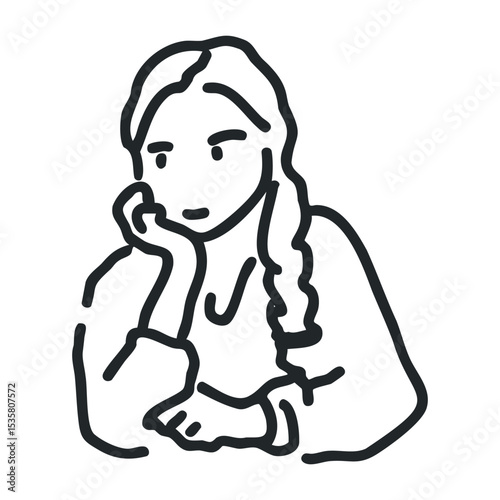 Young caucasian female with long hair sitting thoughtfully – stock vector icon in line drawing style