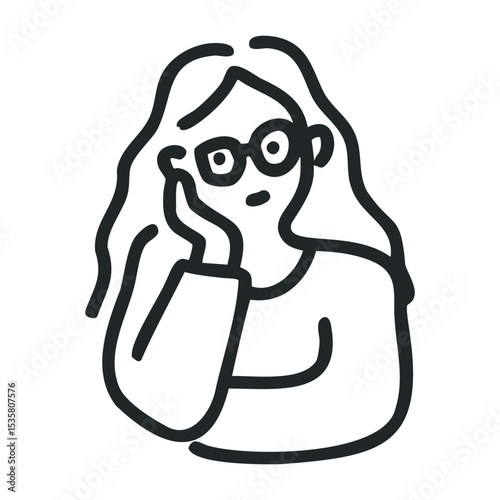 Female adult character sketch with glasses in pensive pose – stock vector icon in line drawing style