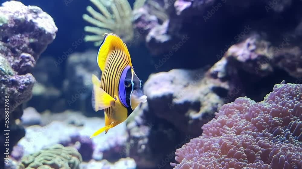 Vibrant yellow and blue fish swims amidst coral reef