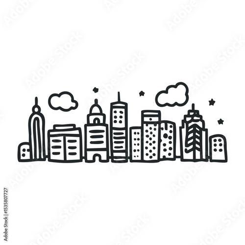 Hand-drawn urban skyline with skyscrapers and clouds in minimalist style – stock vector icon in line drawing style