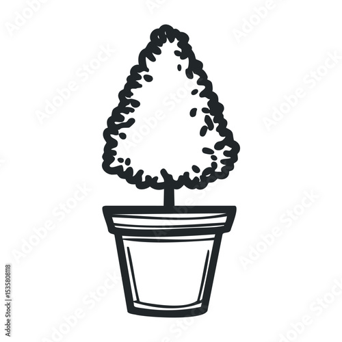 Simple black and white illustration of a potted topiary plant – stock vector icon in line drawing style