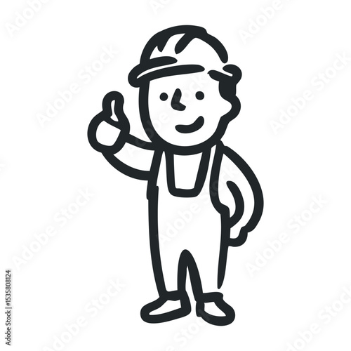 Cartoon construction worker giving thumbs up with helmet and overalls – stock vector icon in line drawing style