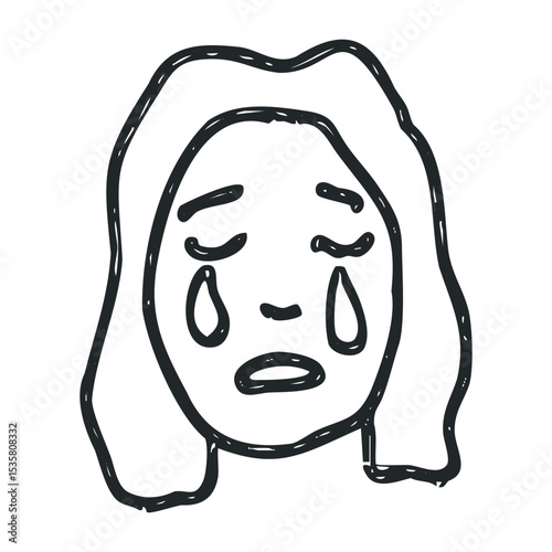 Illustrated crying young female face with tears – stock vector icon in line drawing style