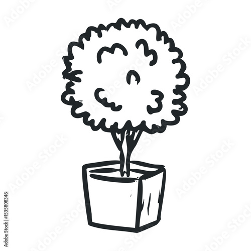 Hand-drawn potted tree illustration with lush foliage and square planter – stock vector icon in line drawing style