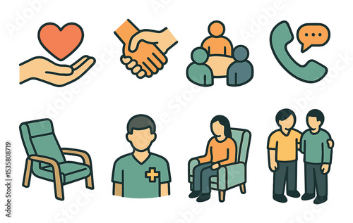 Care and support icons set - outline, empathy, health assistance symbols